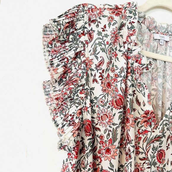 Voy 1X floral print peplum pleated cap sleeve ruffle neck blouse - Picture 3 of 10